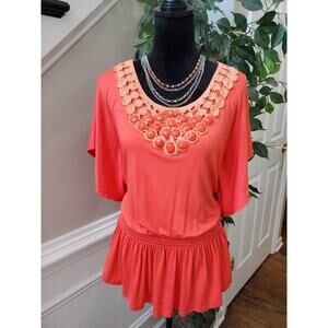 ING Womens Orange Solid Rayon Short Sleeve Round Neck Beaded Top Blouse Size 1X